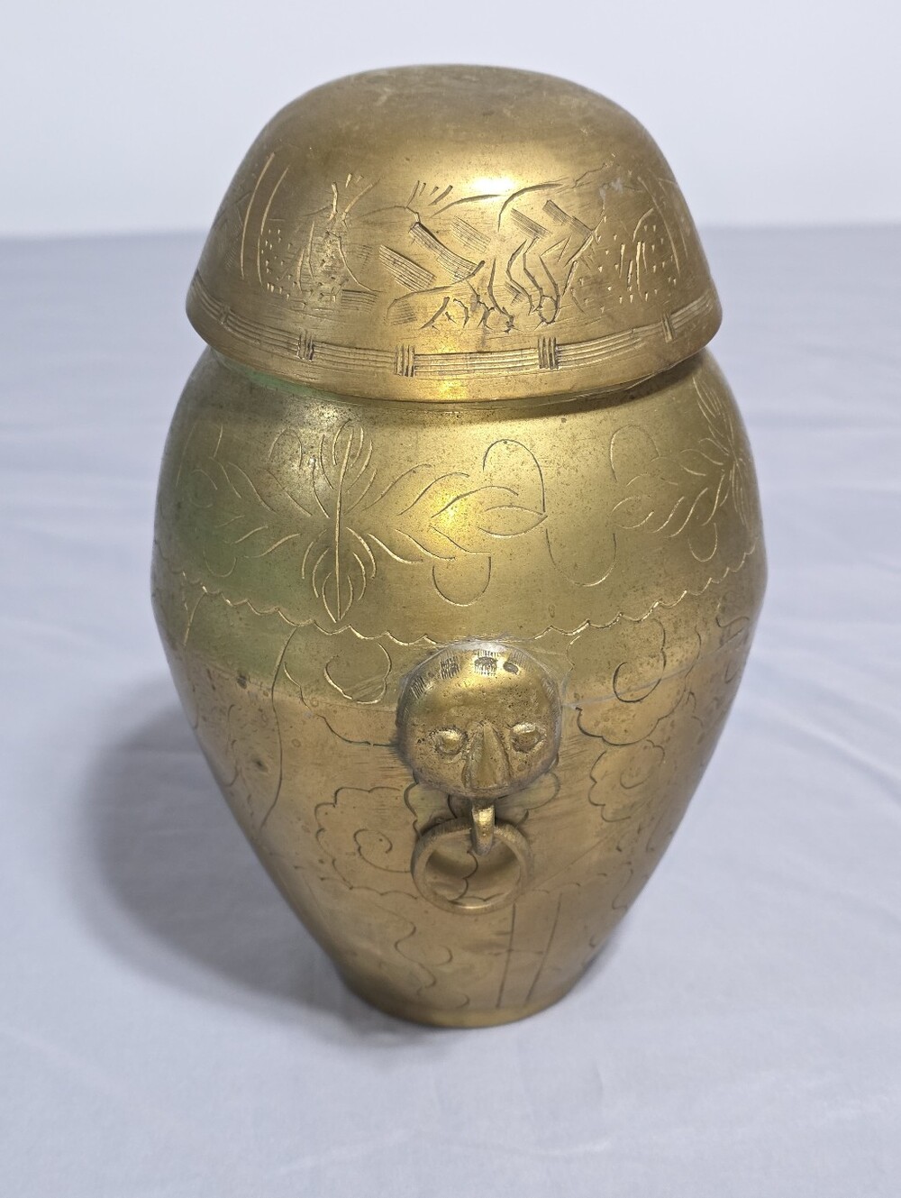 Vintage Chinese Brass Engraved Urn Jar Foo Dog Ring Handle